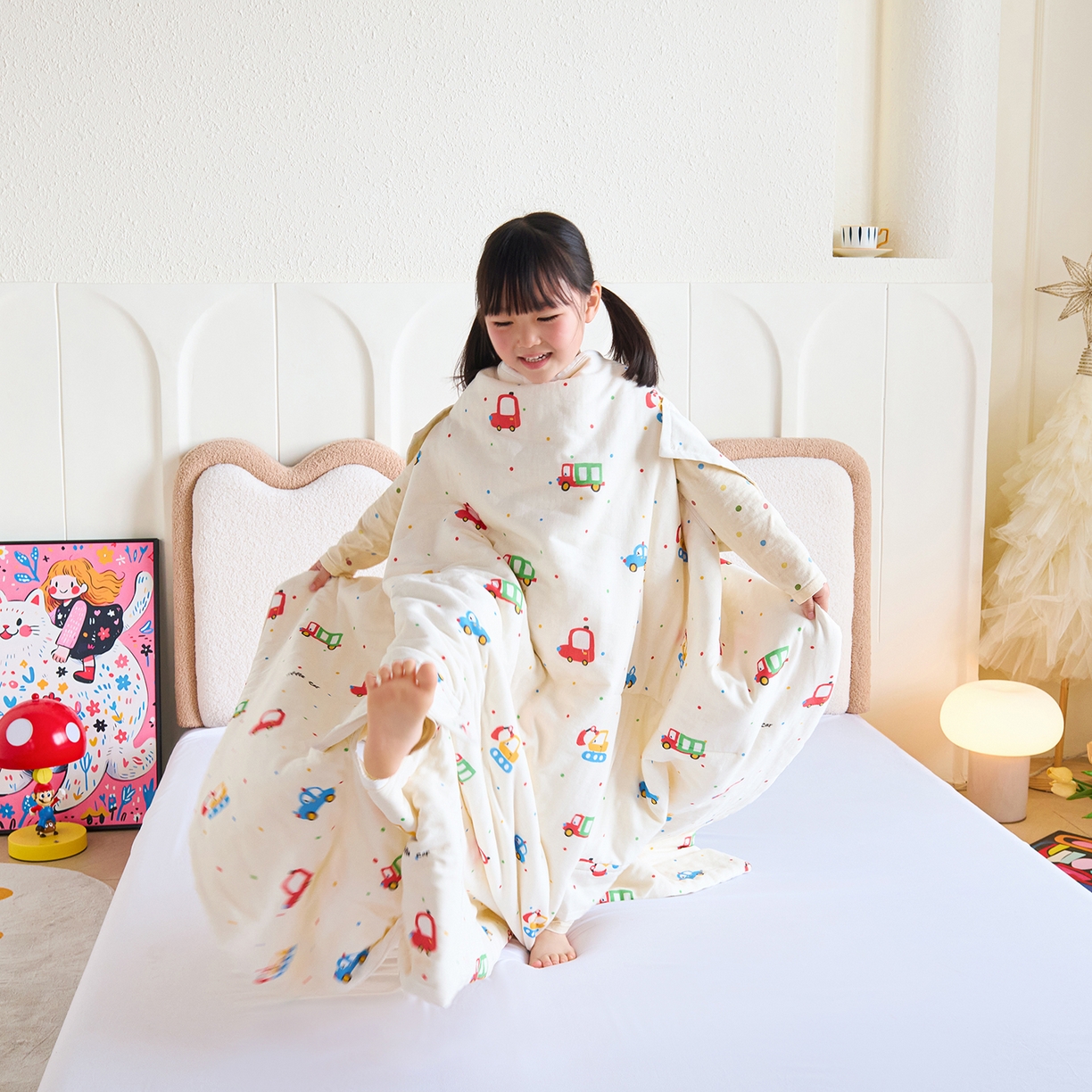 91家纺网 家纺一手货源 找家纺 拾小柒 2026新款全棉双层纱多功能防踢被 萌趣汽车城