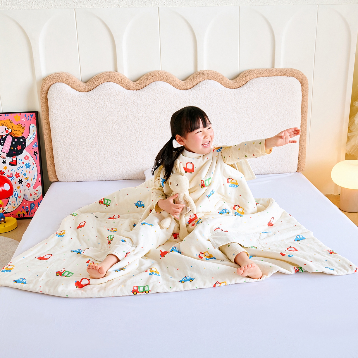 91家纺网 家纺一手货源 找家纺 拾小柒 2026新款全棉双层纱多功能防踢被 萌趣汽车城