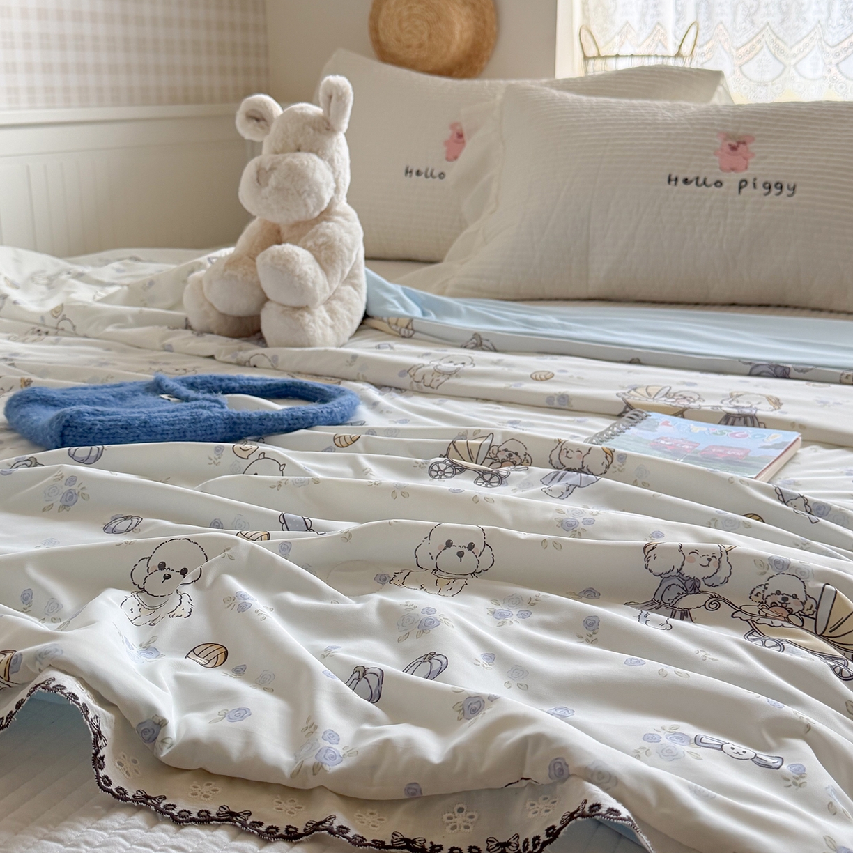 91家纺网 家纺一手货源 找家纺 Sweet dreams甜梦 2026新款A类蕾丝花边锦氨凉感夏凉被 帽子萌萌狗