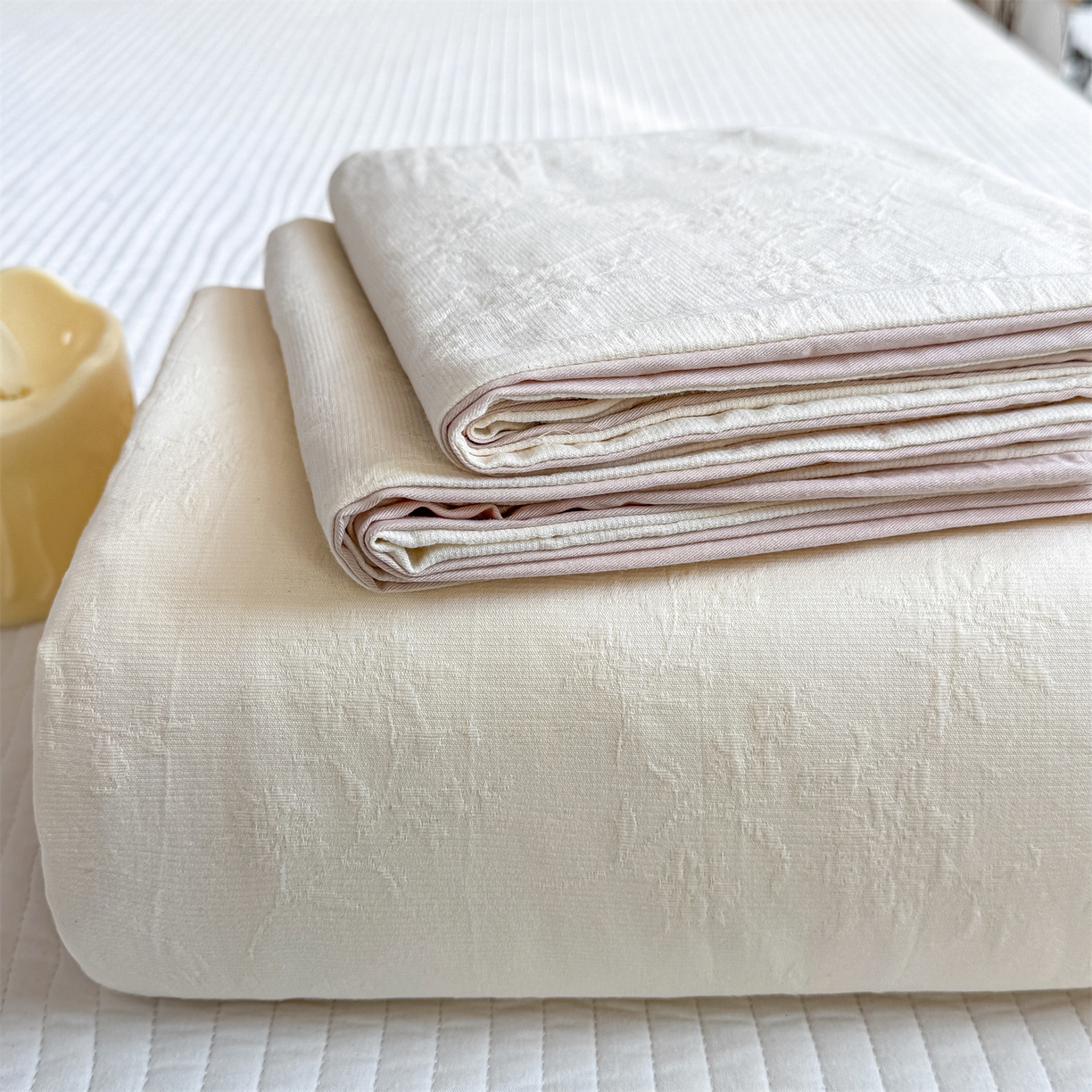 灰鲸 2026新款全棉简约三层纱色织提花单品床单 花影-杏仁奶霜