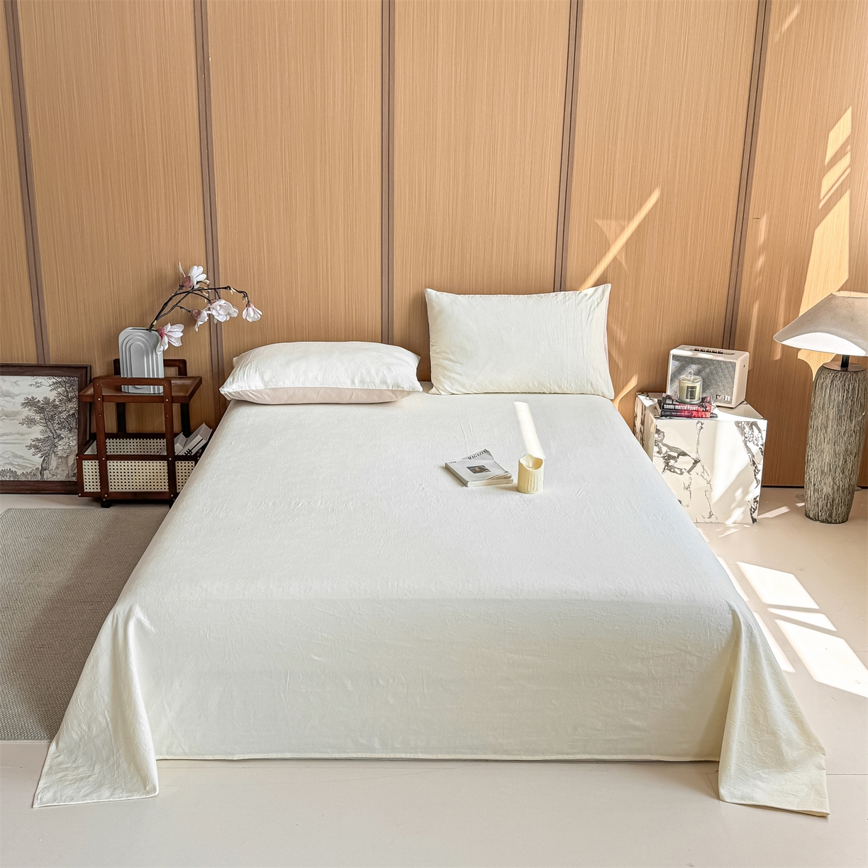 91家纺网 家纺一手货源 找家纺 灰鲸 2026新款全棉简约三层纱色织提花单品床单 花影-杏仁奶霜