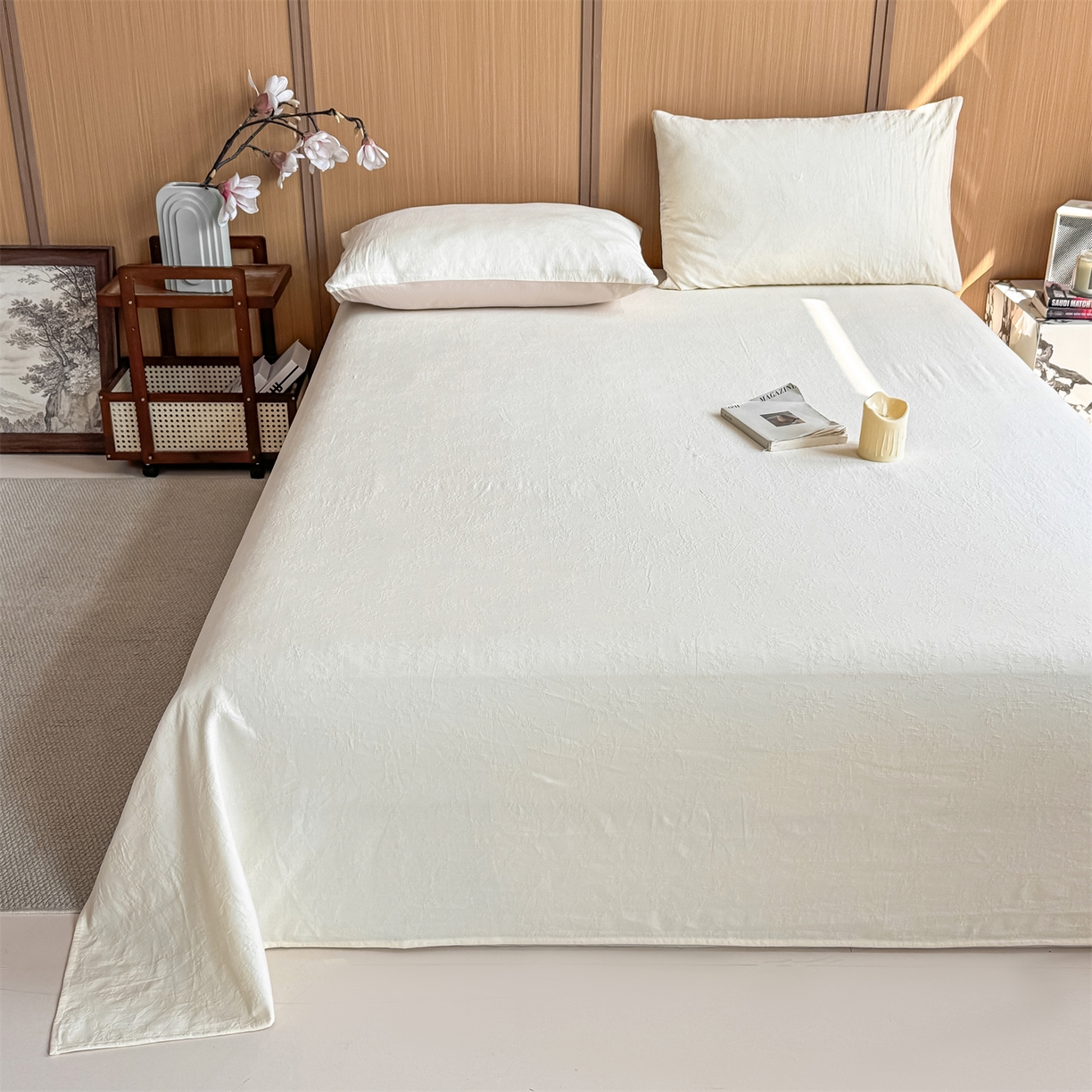 91家纺网 家纺一手货源 找家纺 灰鲸 2026新款全棉简约三层纱色织提花单品床单 花影-杏仁奶霜