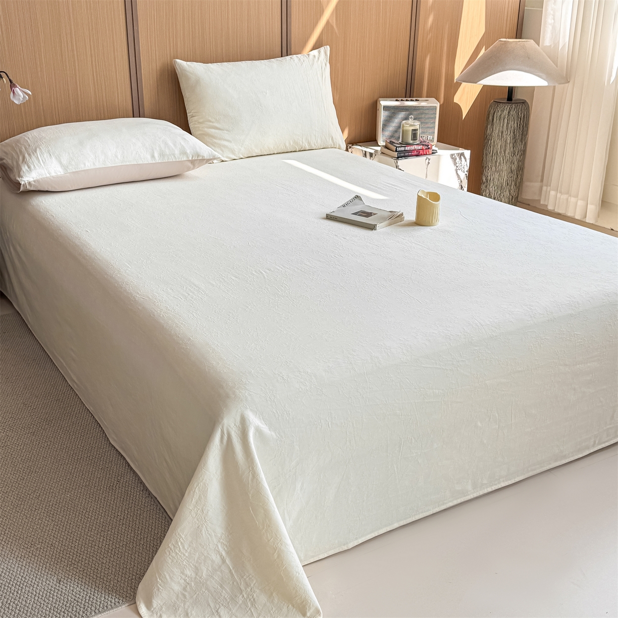 91家纺网 家纺一手货源 找家纺 灰鲸 2026新款全棉简约三层纱色织提花单品床单 花影-杏仁奶霜