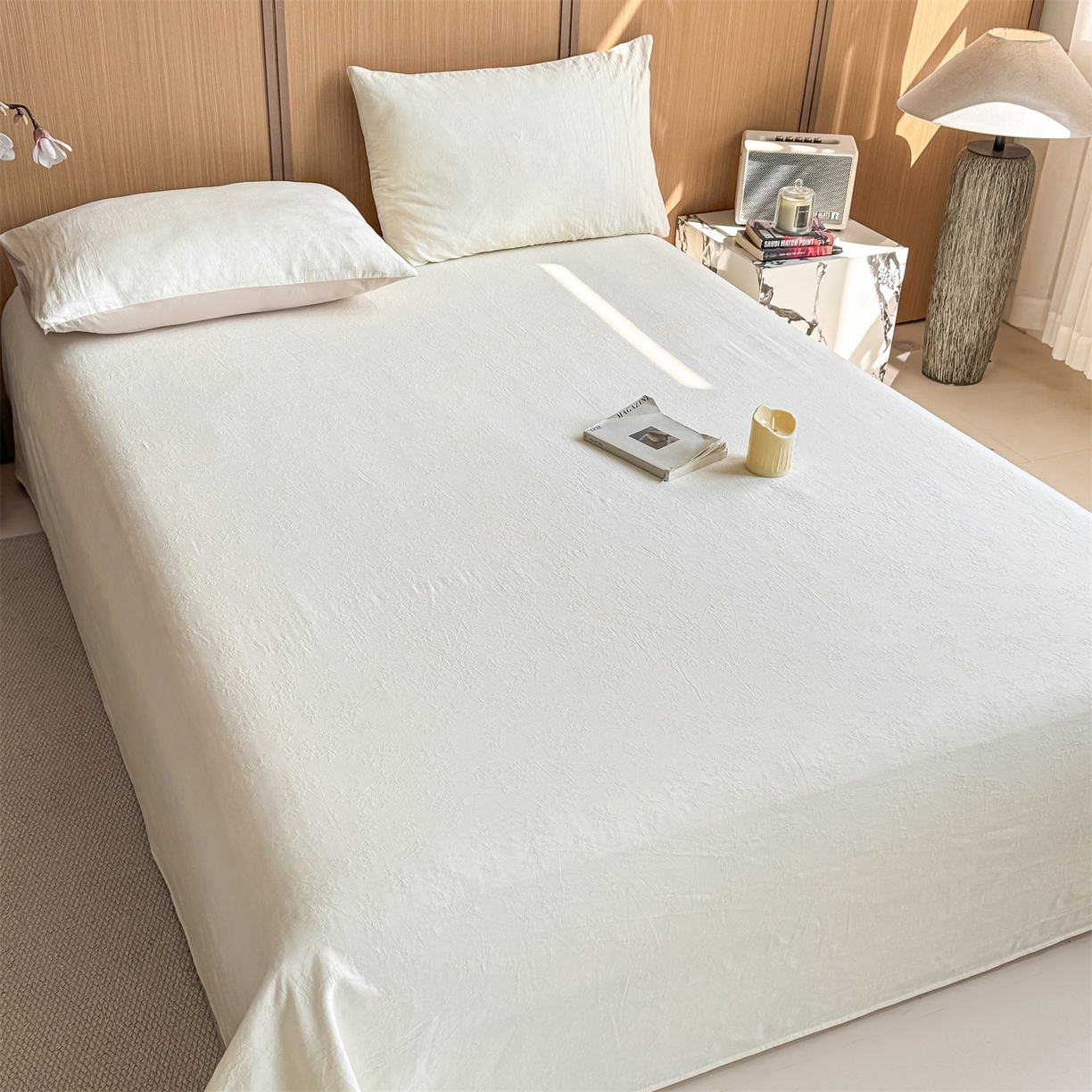 91家纺网 家纺一手货源 找家纺 灰鲸 2026新款全棉简约三层纱色织提花单品床单 花影-杏仁奶霜