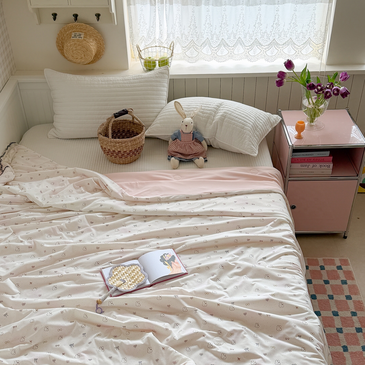 91家纺网 家纺一手货源 找家纺 Sweet dreams甜梦 2026新款A类蕾丝花边锦氨凉感夏凉被 萌兔蝴蝶结