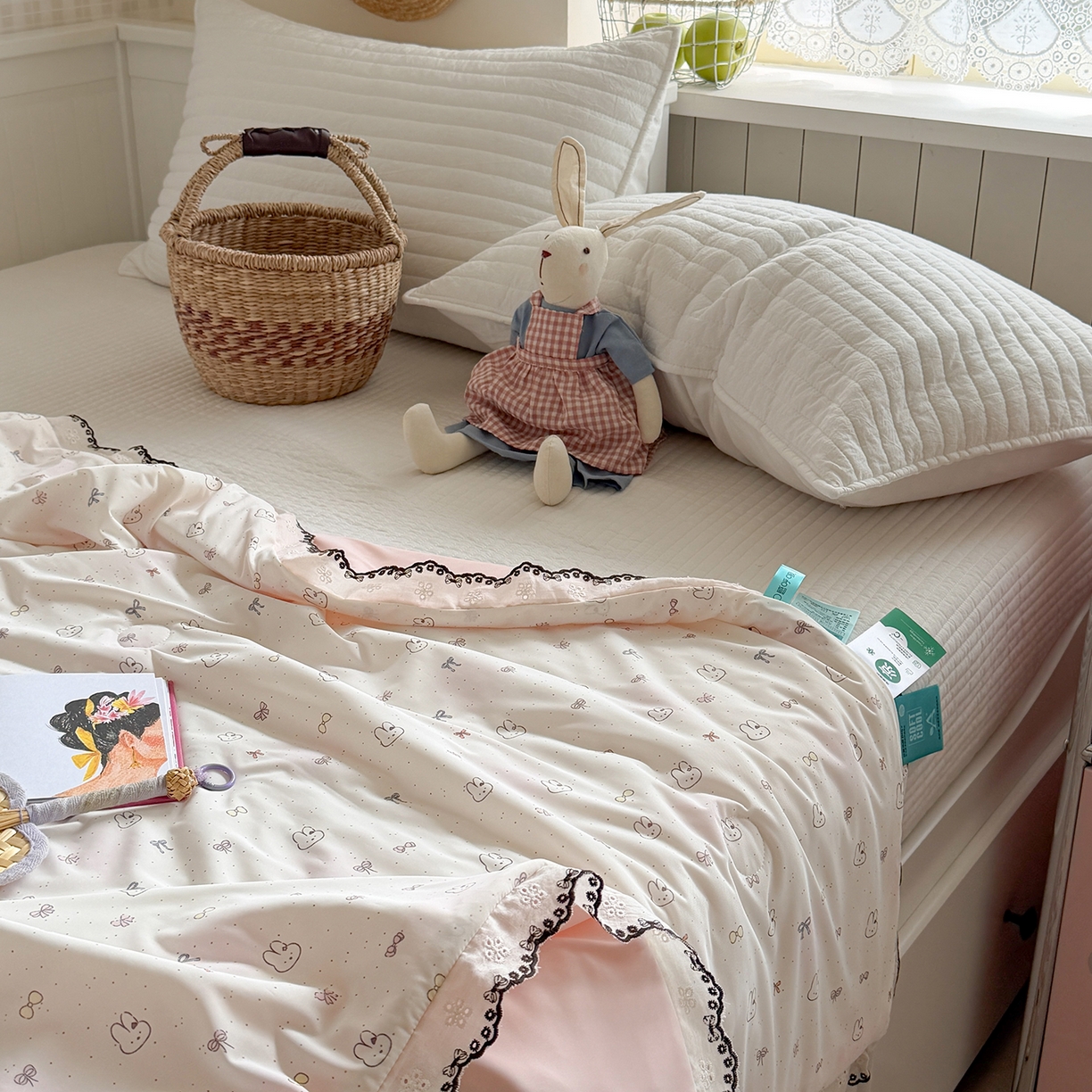 91家纺网 家纺一手货源 找家纺 Sweet dreams甜梦 2026新款A类蕾丝花边锦氨凉感夏凉被 萌兔蝴蝶结