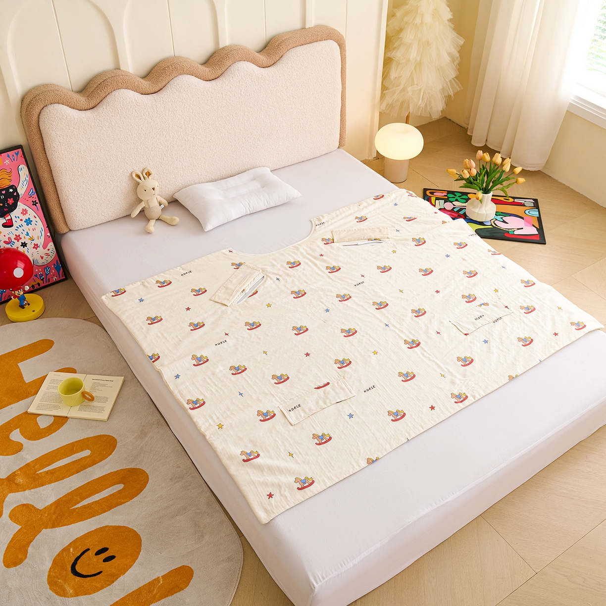 91家纺网 家纺一手货源 找家纺 拾小柒 2026新款全棉双层纱多功能防踢被 跳跳马