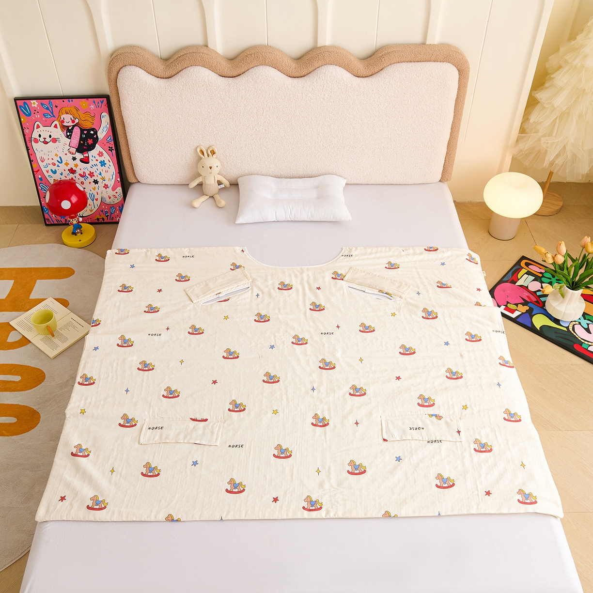 91家纺网 家纺一手货源 找家纺 拾小柒 2026新款全棉双层纱多功能防踢被 跳跳马