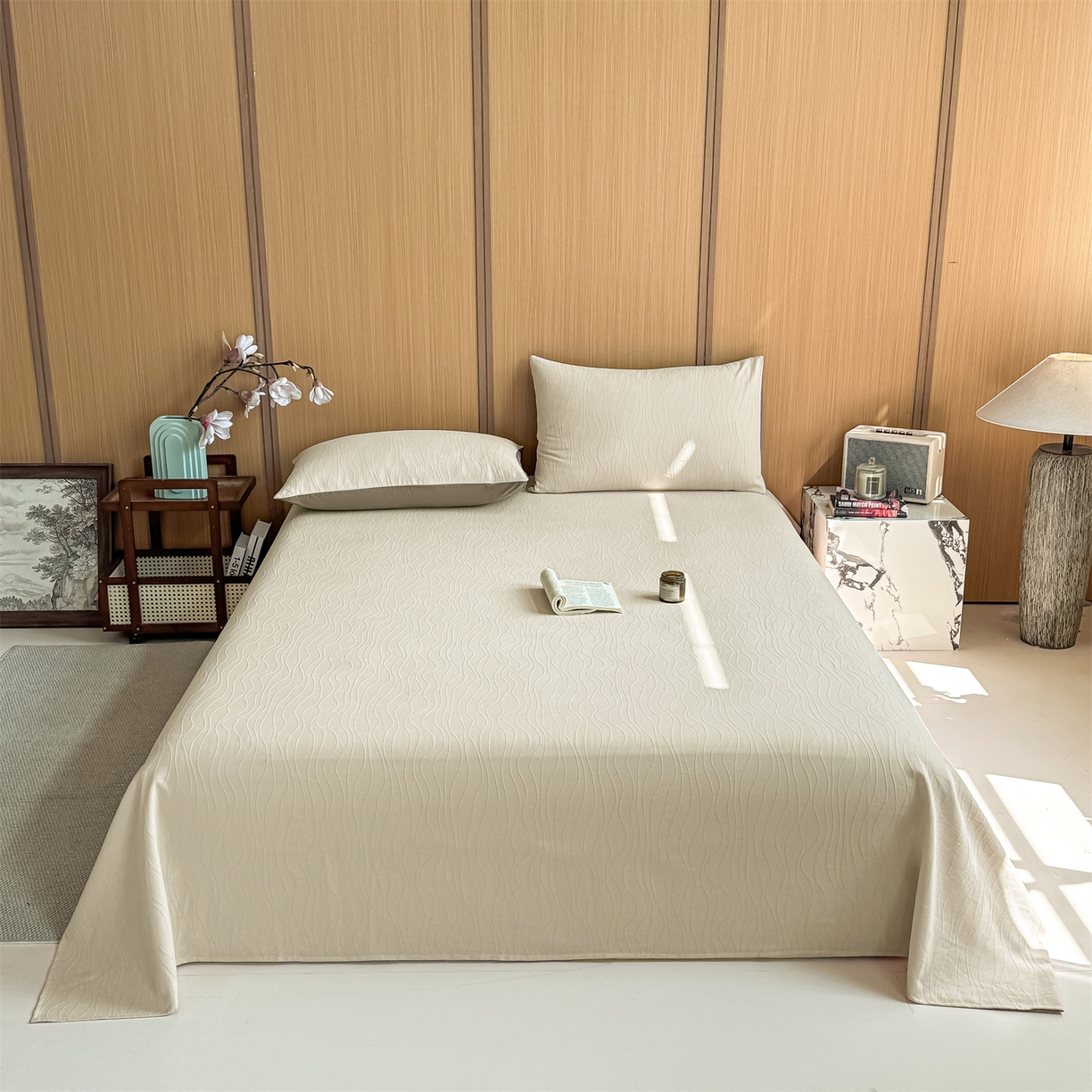 91家纺网 家纺一手货源 找家纺 灰鲸 2026新款全棉简约三层纱色织提花单品床单 浅忆-可可奶咖