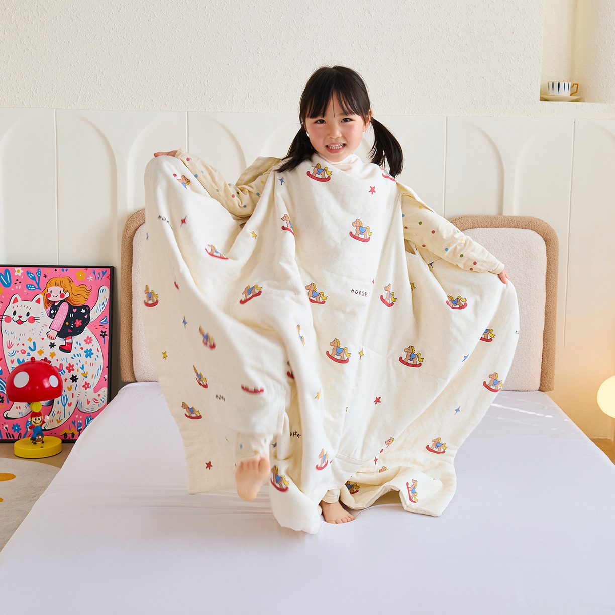 91家纺网 家纺一手货源 找家纺 拾小柒 2026新款全棉双层纱多功能防踢被 跳跳马