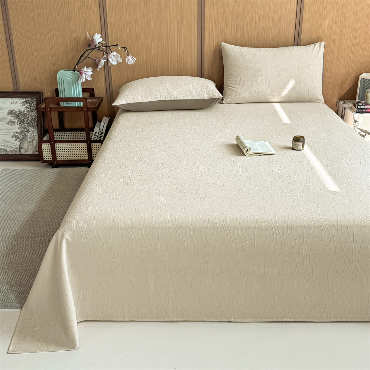 91家纺网 家纺一手货源 找家纺 灰鲸 2026新款全棉简约三层纱色织提花单品床单 浅忆-可可奶咖