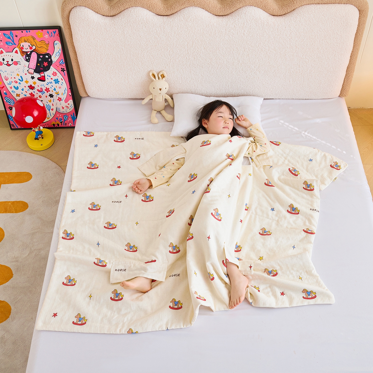 91家纺网 家纺一手货源 找家纺 拾小柒 2026新款全棉双层纱多功能防踢被 跳跳马