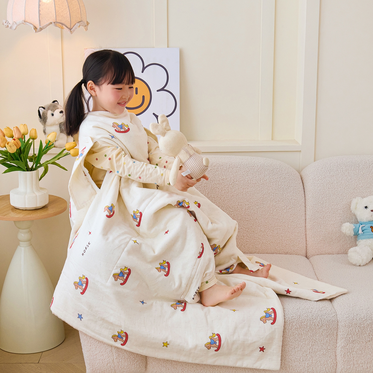 91家纺网 家纺一手货源 找家纺 拾小柒 2026新款全棉双层纱多功能防踢被 跳跳马