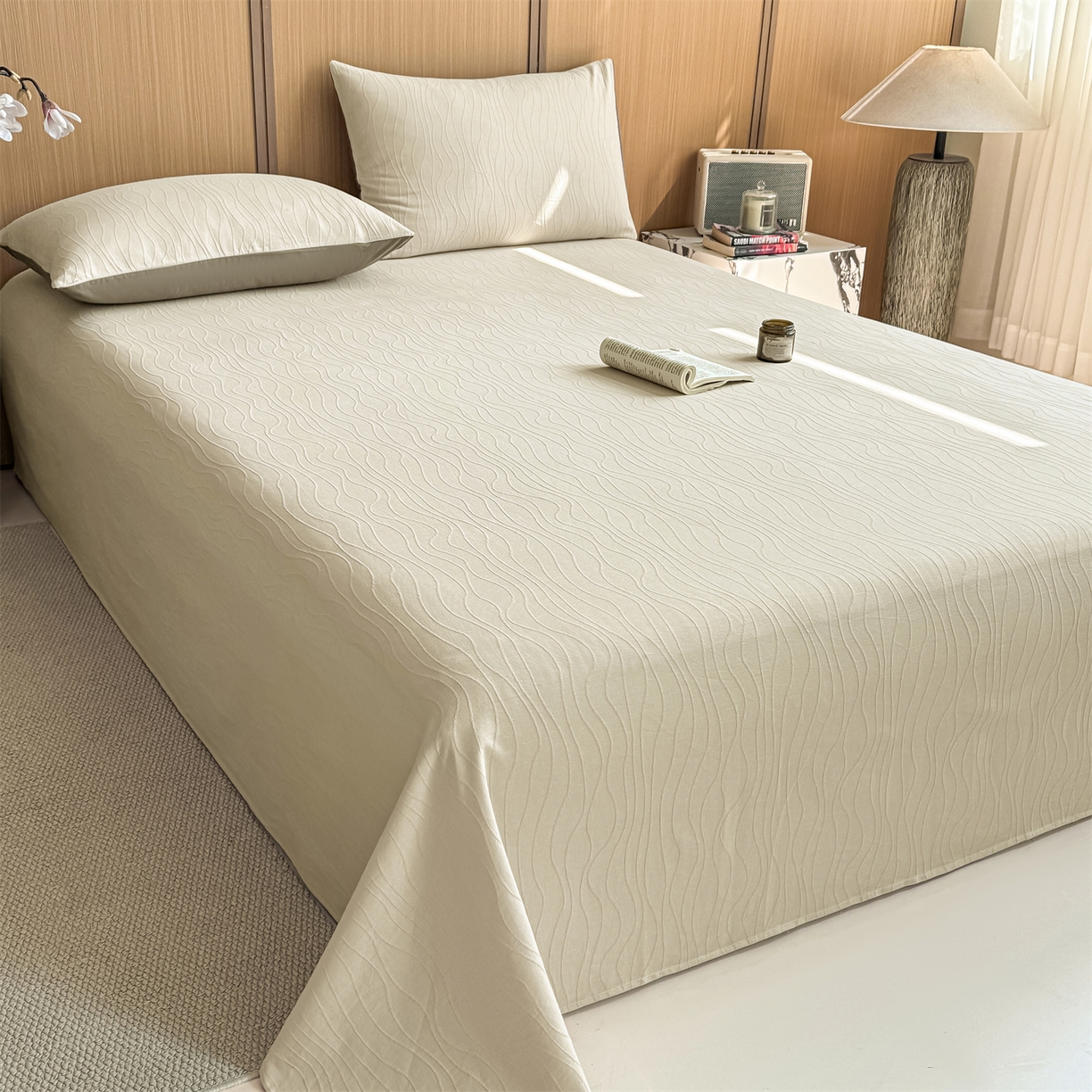 91家纺网 家纺一手货源 找家纺 灰鲸 2026新款全棉简约三层纱色织提花单品床单 浅忆-可可奶咖