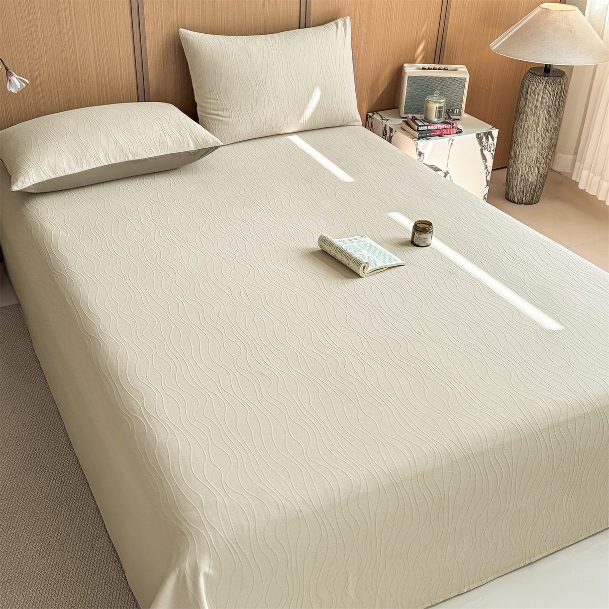 91家纺网 家纺一手货源 找家纺 灰鲸 2026新款全棉简约三层纱色织提花单品床单 浅忆-可可奶咖