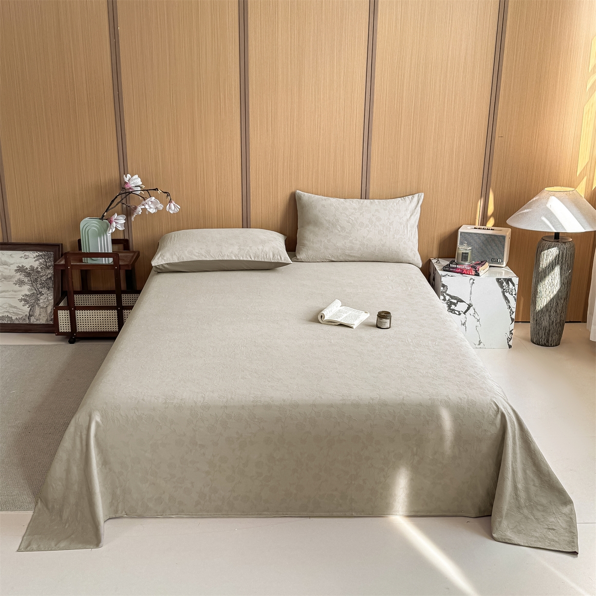 91家纺网 家纺一手货源 找家纺 灰鲸 2026新款全棉简约三层纱色织提花单品床单 蔷薇-可可奶咖