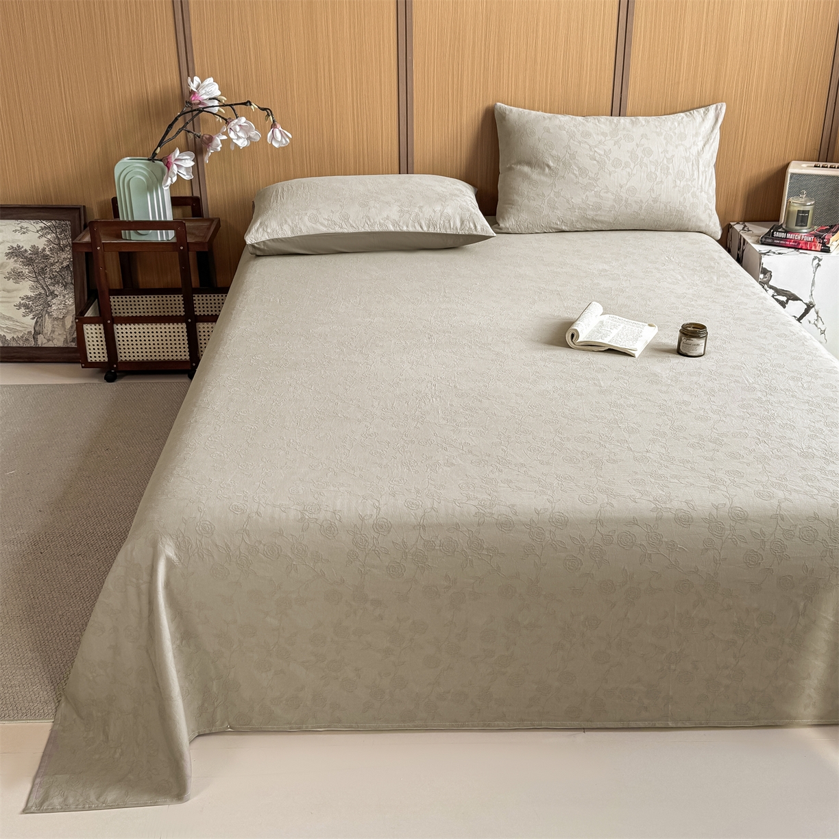 91家纺网 家纺一手货源 找家纺 灰鲸 2026新款全棉简约三层纱色织提花单品床单 蔷薇-可可奶咖