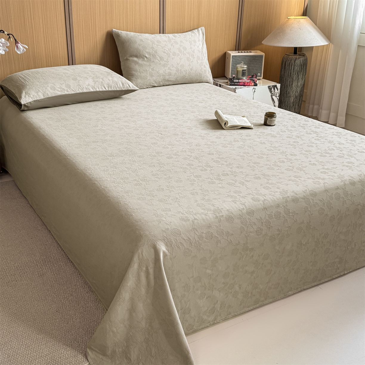 91家纺网 家纺一手货源 找家纺 灰鲸 2026新款全棉简约三层纱色织提花单品床单 蔷薇-可可奶咖