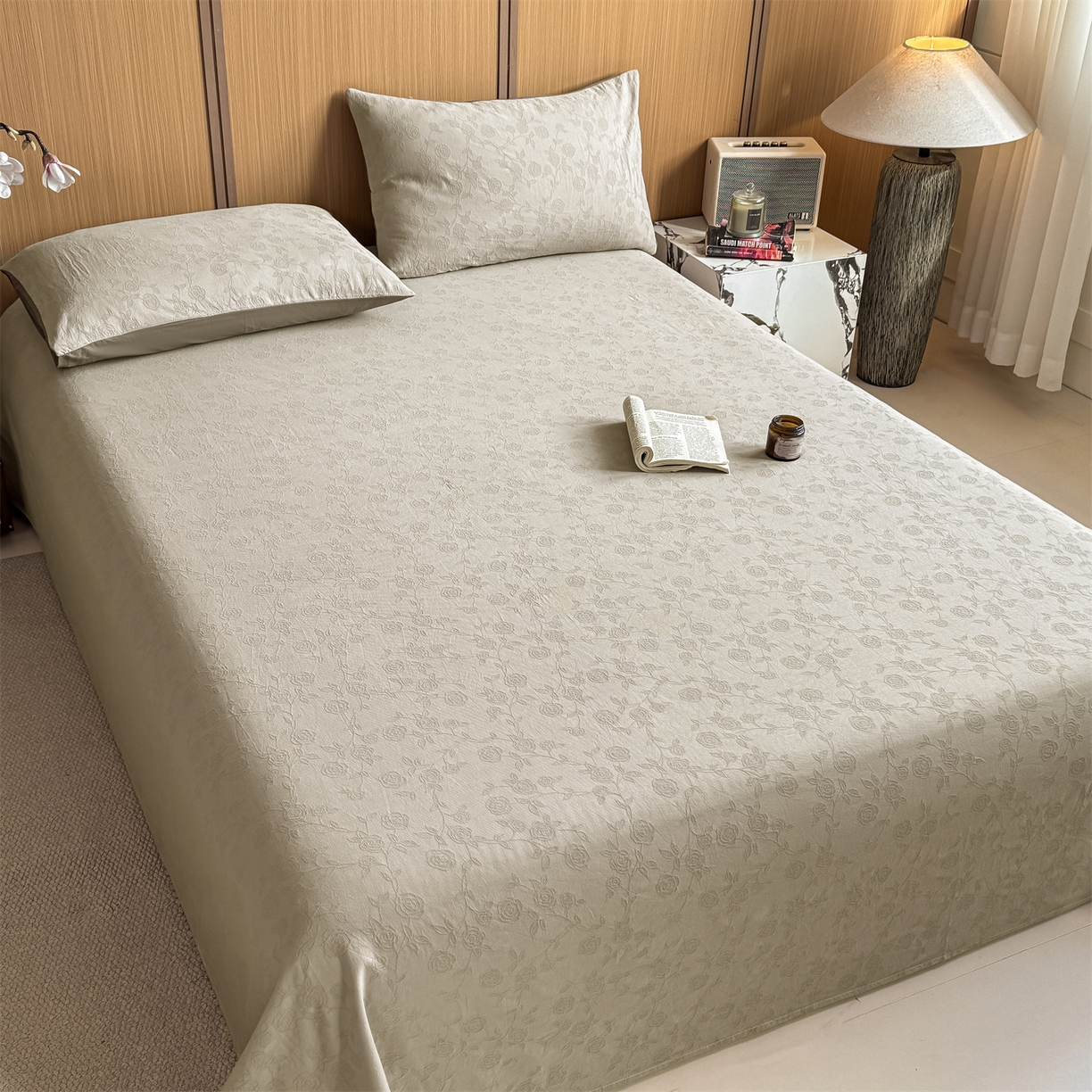 91家纺网 家纺一手货源 找家纺 灰鲸 2026新款全棉简约三层纱色织提花单品床单 蔷薇-可可奶咖