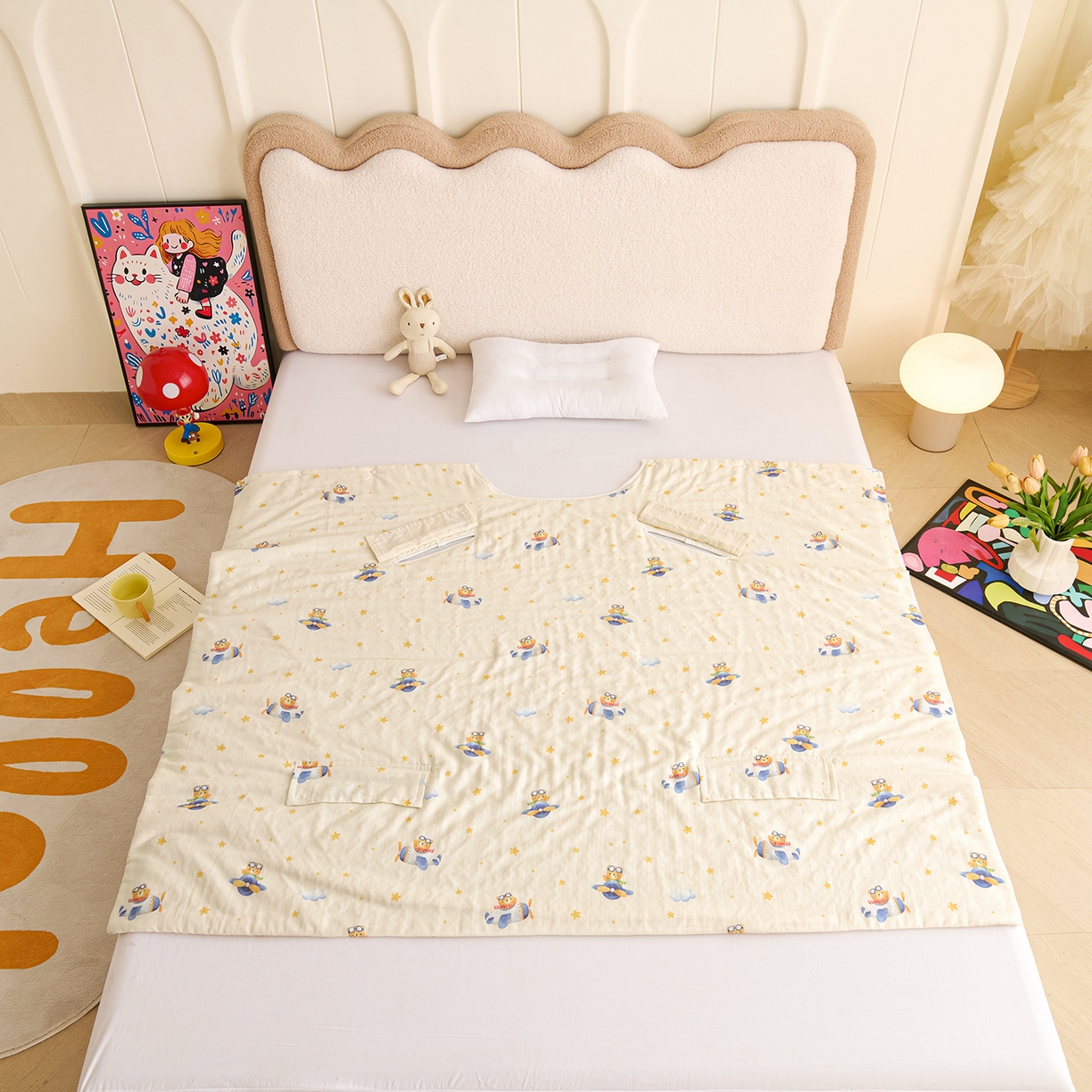 91家纺网 家纺一手货源 找家纺 拾小柒 2026新款全棉双层纱多功能防踢被 小熊战队