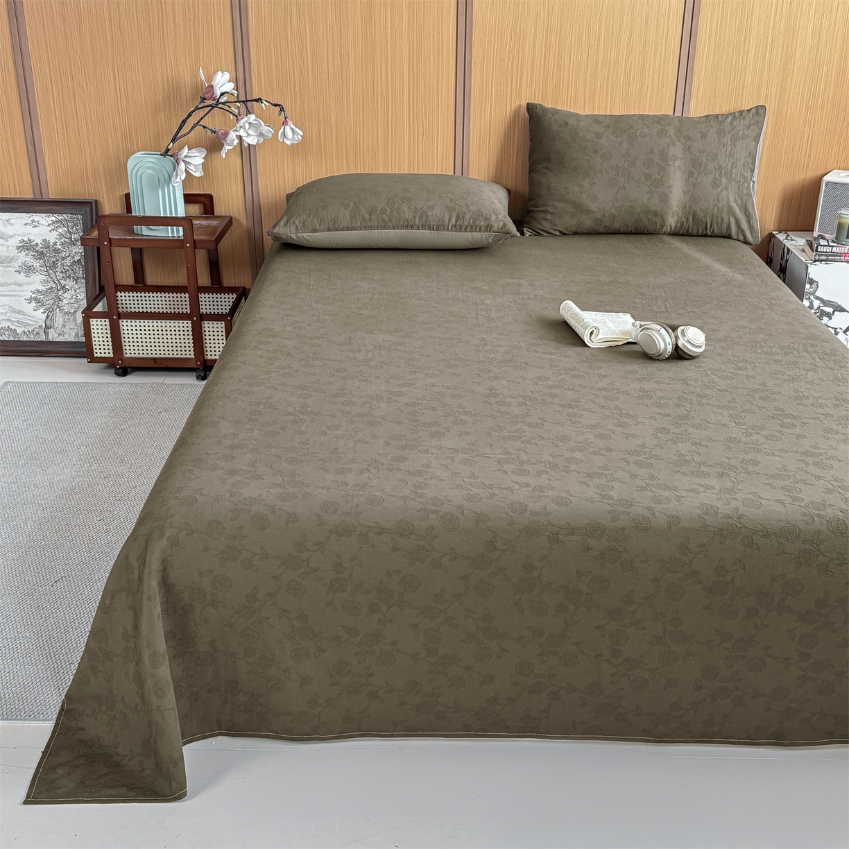 91家纺网 家纺一手货源 找家纺 灰鲸 2026新款全棉简约三层纱色织提花单品床单 蔷薇-摩卡