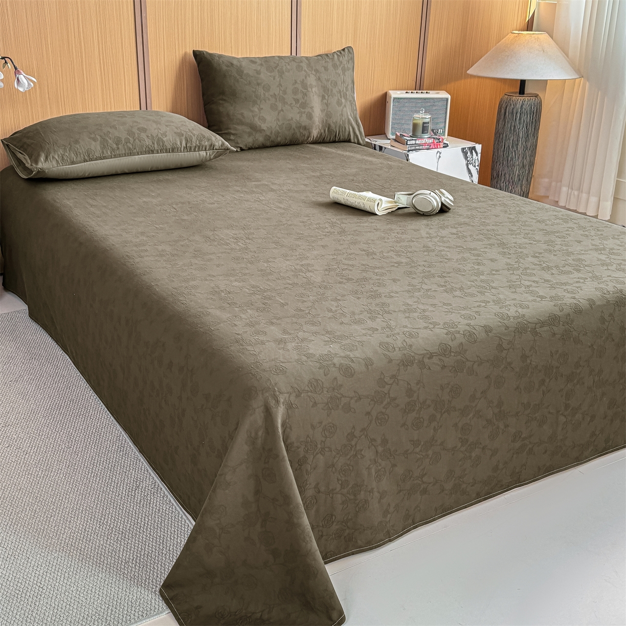 91家纺网 家纺一手货源 找家纺 灰鲸 2026新款全棉简约三层纱色织提花单品床单 蔷薇-摩卡