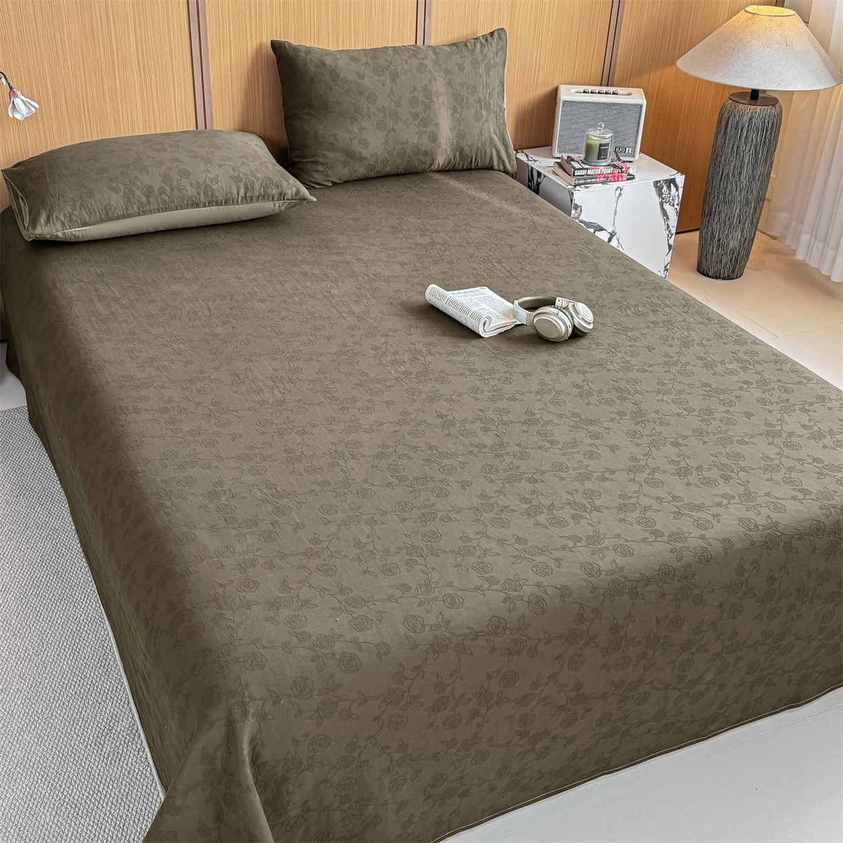 91家纺网 家纺一手货源 找家纺 灰鲸 2026新款全棉简约三层纱色织提花单品床单 蔷薇-摩卡