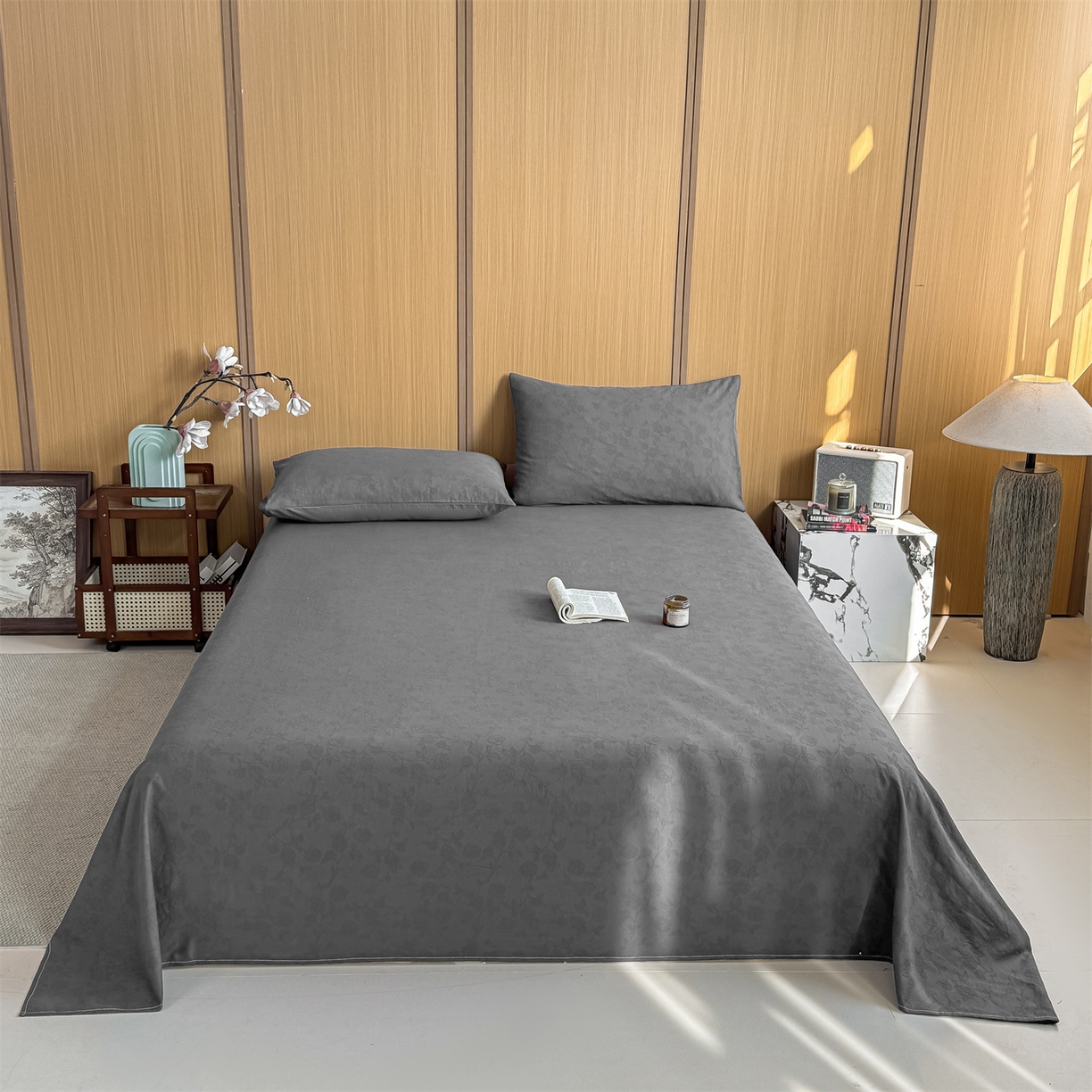 91家纺网 家纺一手货源 找家纺 灰鲸 2026新款全棉简约三层纱色织提花单品床单 蔷薇-素墨