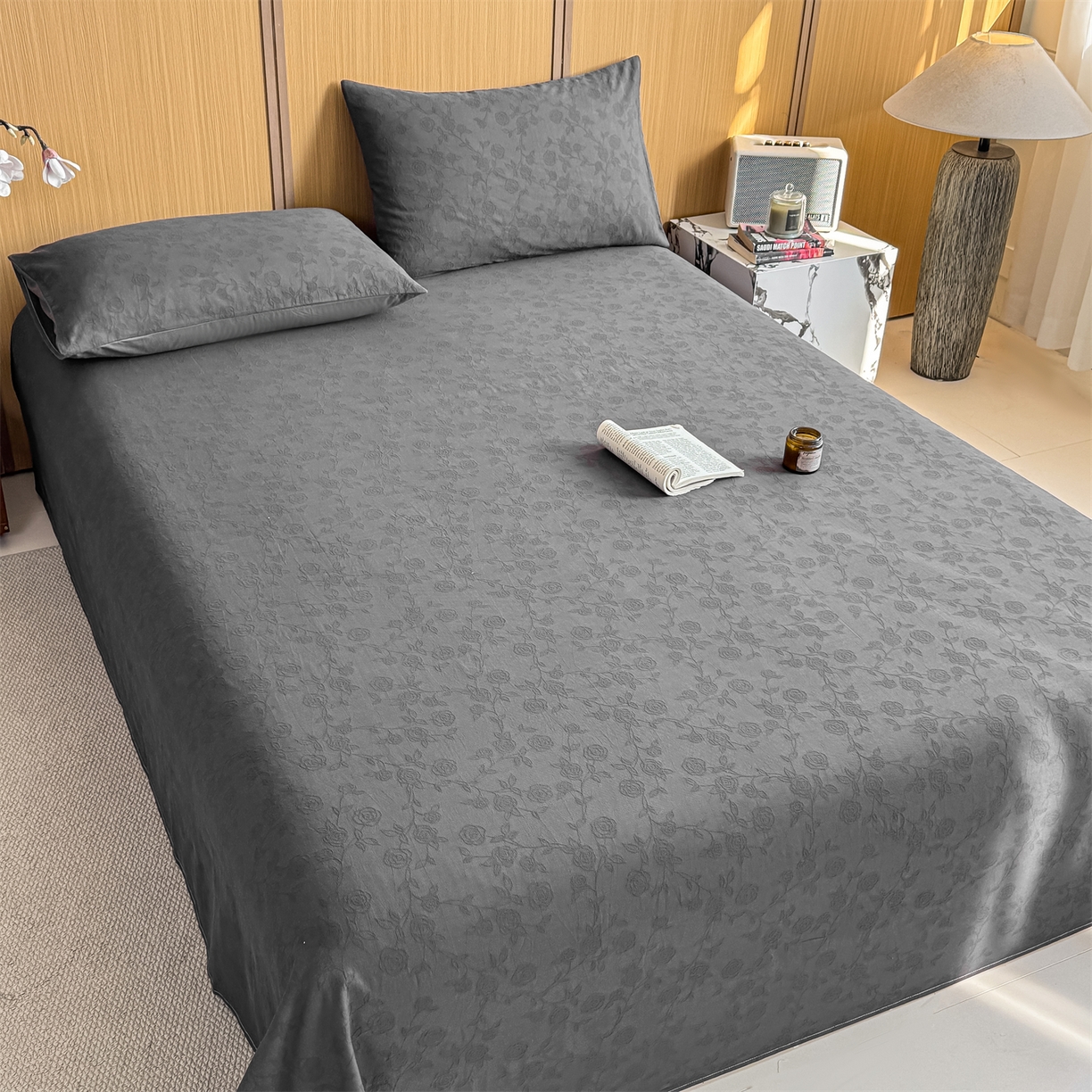 91家纺网 家纺一手货源 找家纺 灰鲸 2026新款全棉简约三层纱色织提花单品床单 蔷薇-素墨