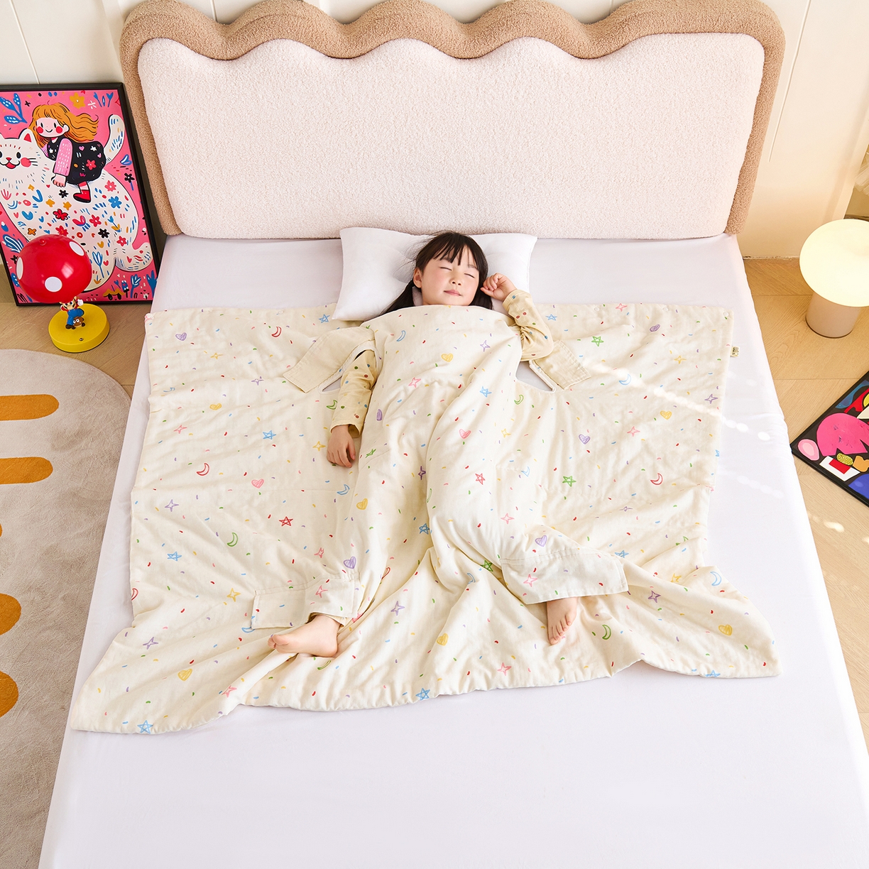 91家纺网 家纺一手货源 找家纺 拾小柒 2026新款全棉双层纱多功能防踢被 星月童话