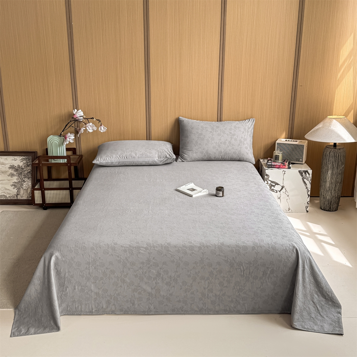 91家纺网 家纺一手货源 找家纺 灰鲸 2026新款全棉简约三层纱色织提花单品床单 蔷薇-雾灰