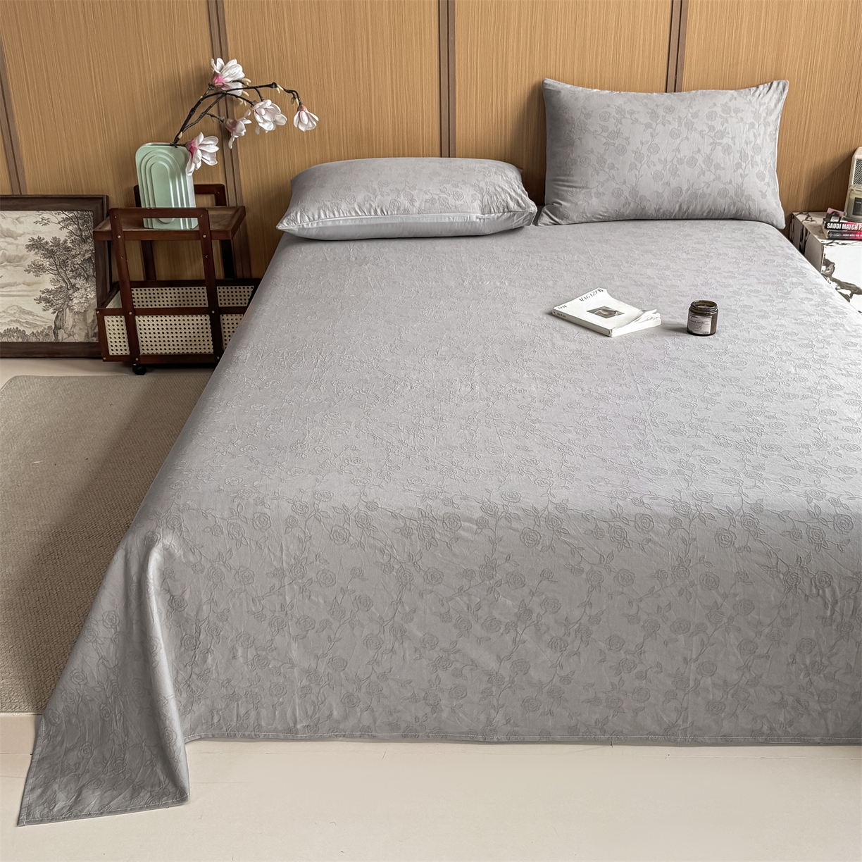 91家纺网 家纺一手货源 找家纺 灰鲸 2026新款全棉简约三层纱色织提花单品床单 蔷薇-雾灰