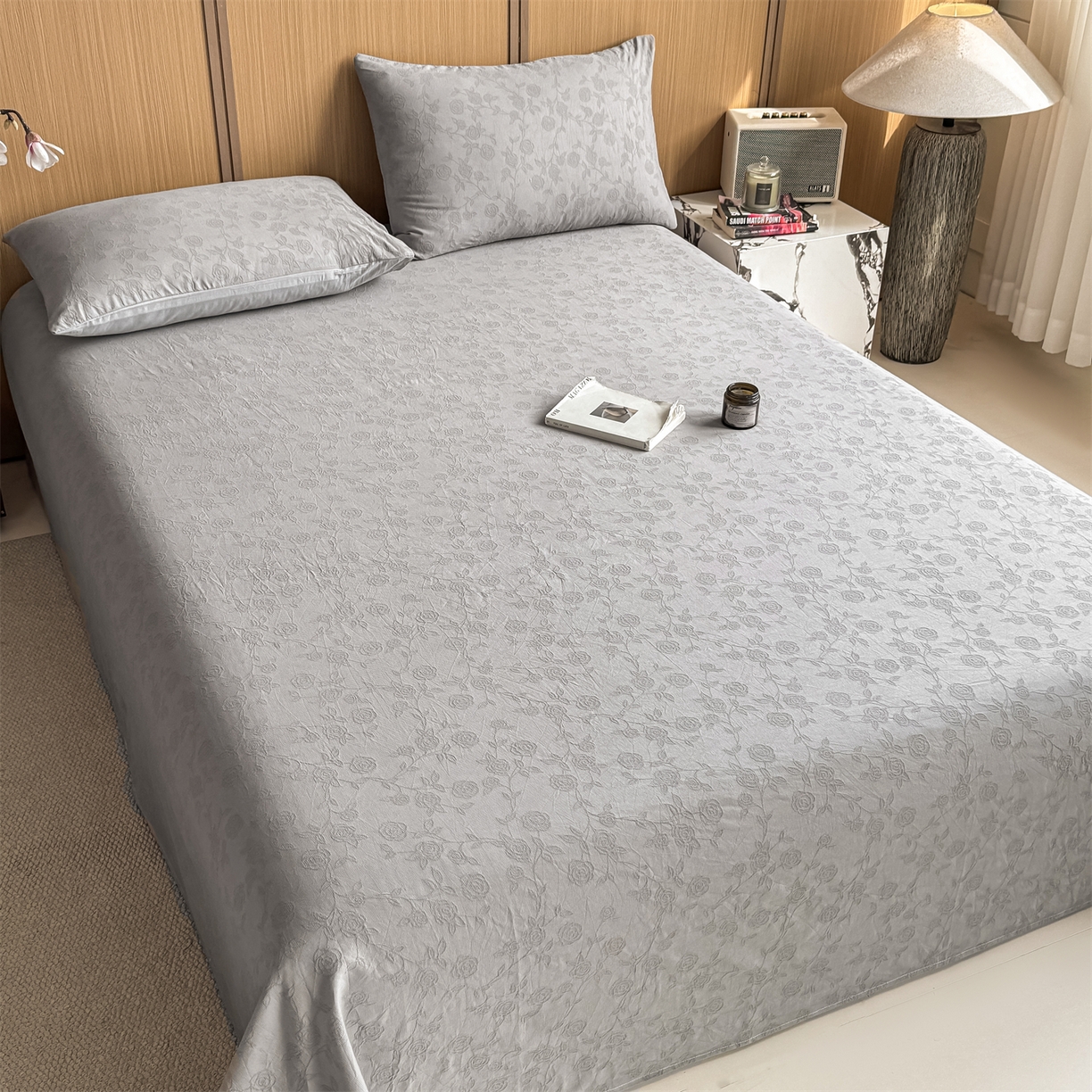 91家纺网 家纺一手货源 找家纺 灰鲸 2026新款全棉简约三层纱色织提花单品床单 蔷薇-雾灰