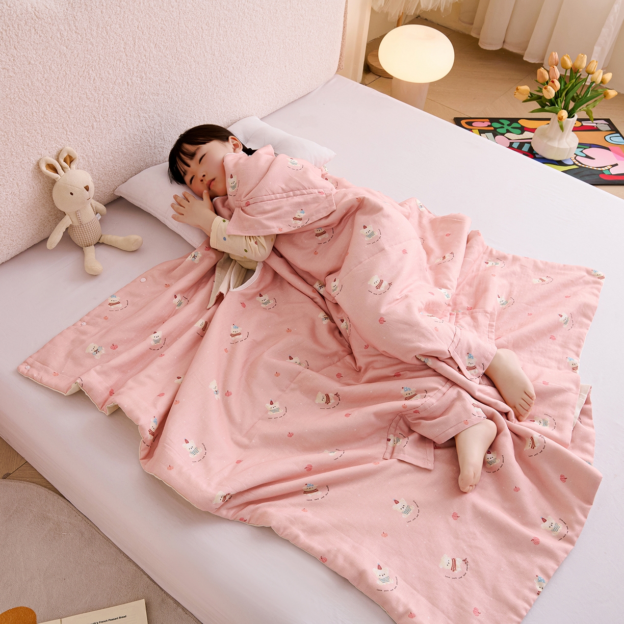 拾小柒 2026新款全棉双层纱多功能防踢被 熊宝贝粉