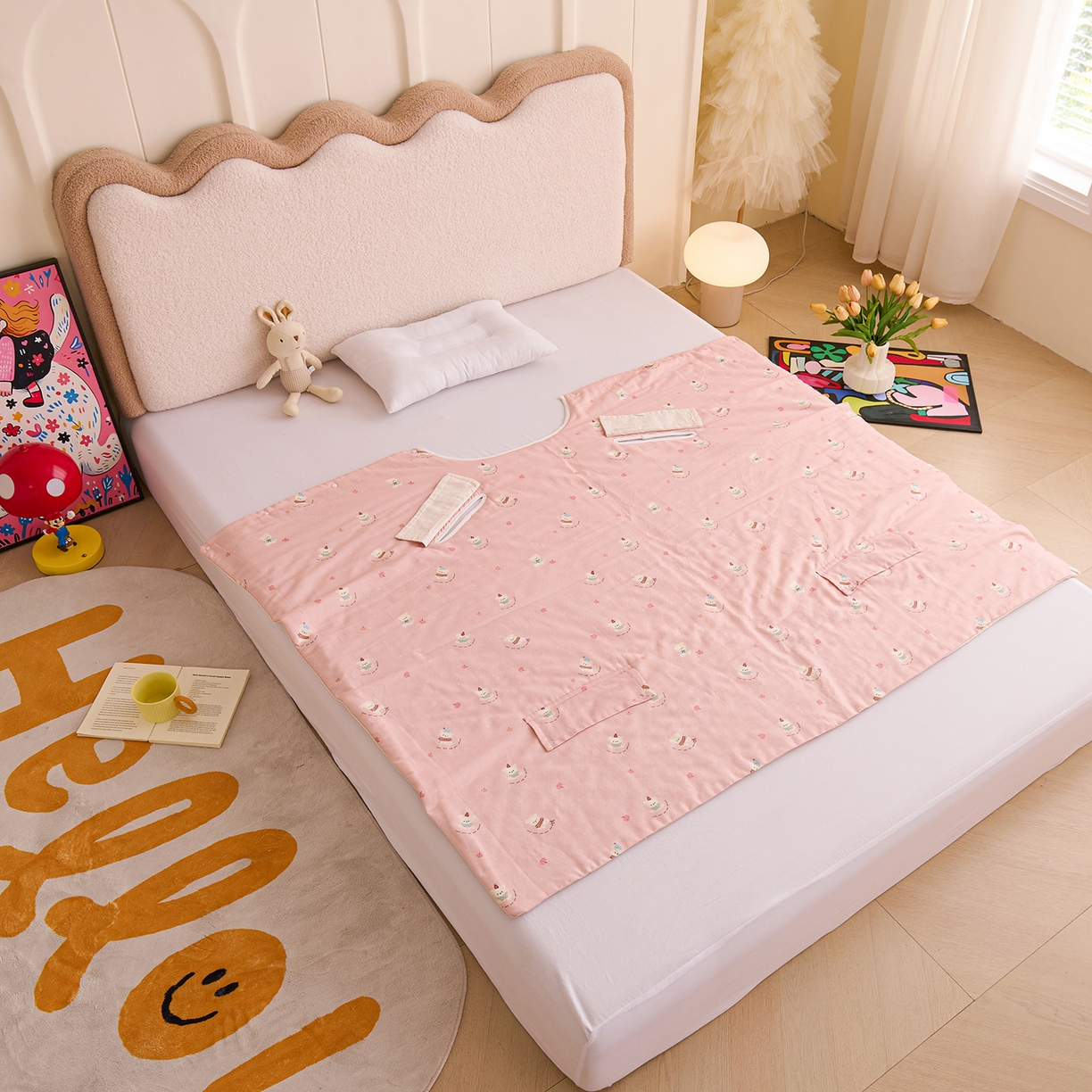 91家纺网 家纺一手货源 找家纺 拾小柒 2026新款全棉双层纱多功能防踢被 熊宝贝粉