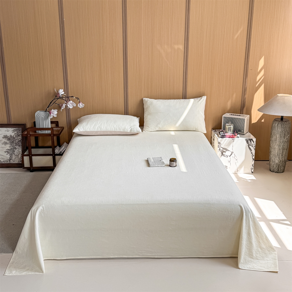 91家纺网 家纺一手货源 找家纺 灰鲸 2026新款全棉简约三层纱色织提花单品床单 蔷薇-杏仁奶霜