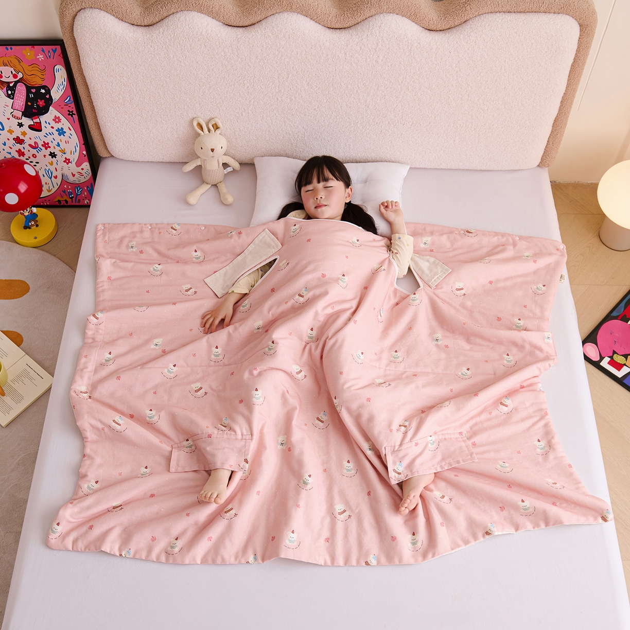 91家纺网 家纺一手货源 找家纺 拾小柒 2026新款全棉双层纱多功能防踢被 熊宝贝粉