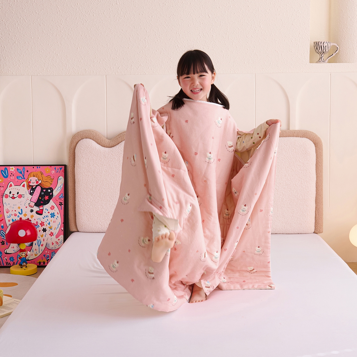 91家纺网 家纺一手货源 找家纺 拾小柒 2026新款全棉双层纱多功能防踢被 熊宝贝粉