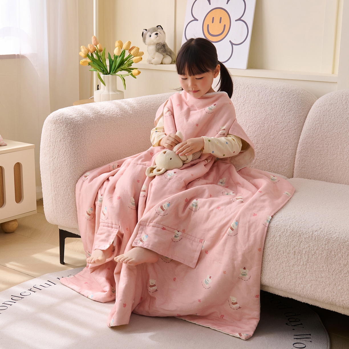 91家纺网 家纺一手货源 找家纺 拾小柒 2026新款全棉双层纱多功能防踢被 熊宝贝粉