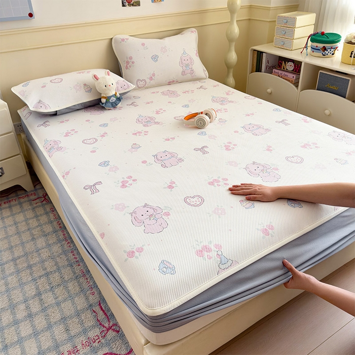 91家纺网 家纺一手货源 找家纺 几禾 2026新款卡通印花凉感凉豆豆凉席系列 爱心兔--床笠款