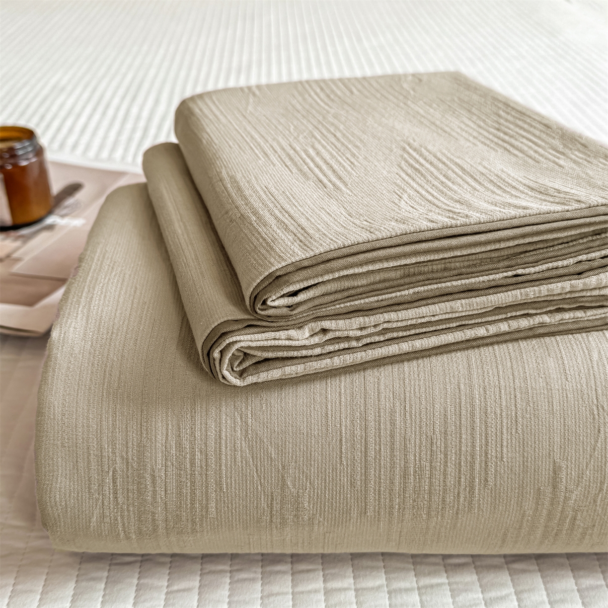 灰鲸 2026新款全棉简约三层纱色织提花单品床单 影韵-可可奶咖