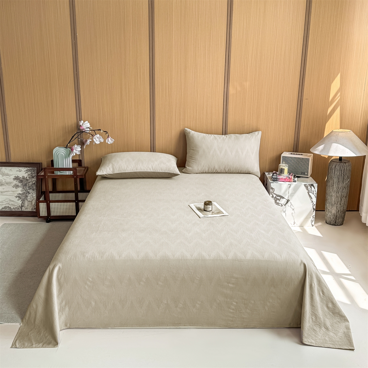 91家纺网 家纺一手货源 找家纺 灰鲸 2026新款全棉简约三层纱色织提花单品床单 影韵-可可奶咖