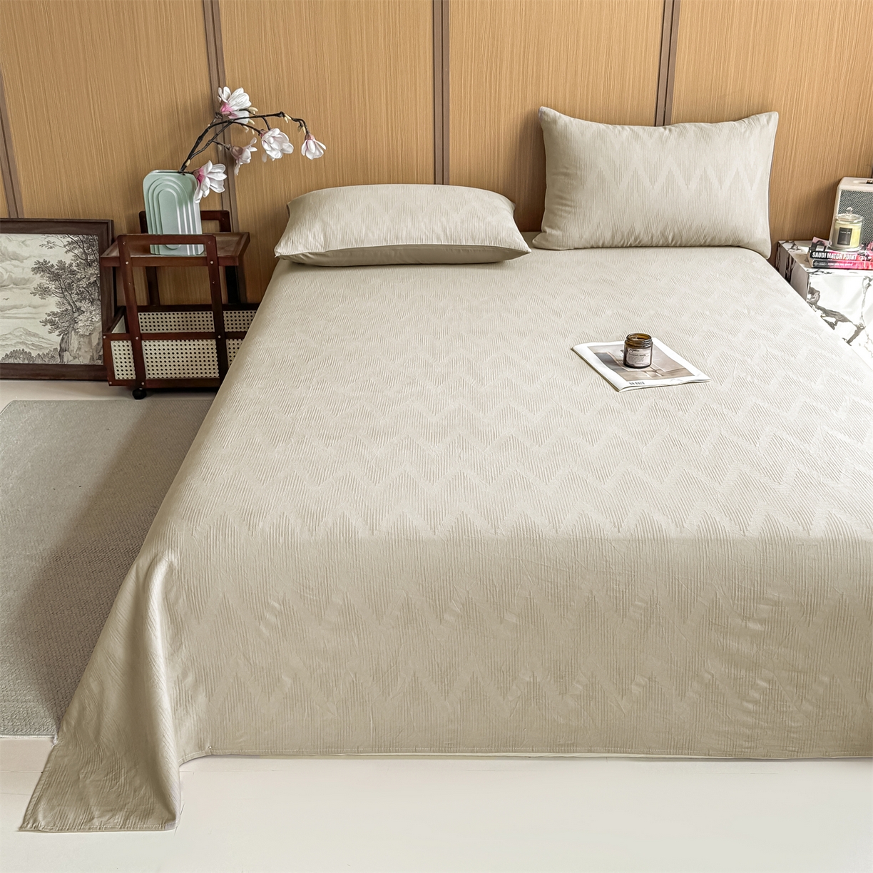 91家纺网 家纺一手货源 找家纺 灰鲸 2026新款全棉简约三层纱色织提花单品床单 影韵-可可奶咖