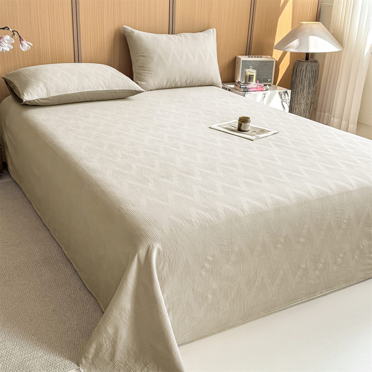 91家纺网 家纺一手货源 找家纺 灰鲸 2026新款全棉简约三层纱色织提花单品床单 影韵-可可奶咖