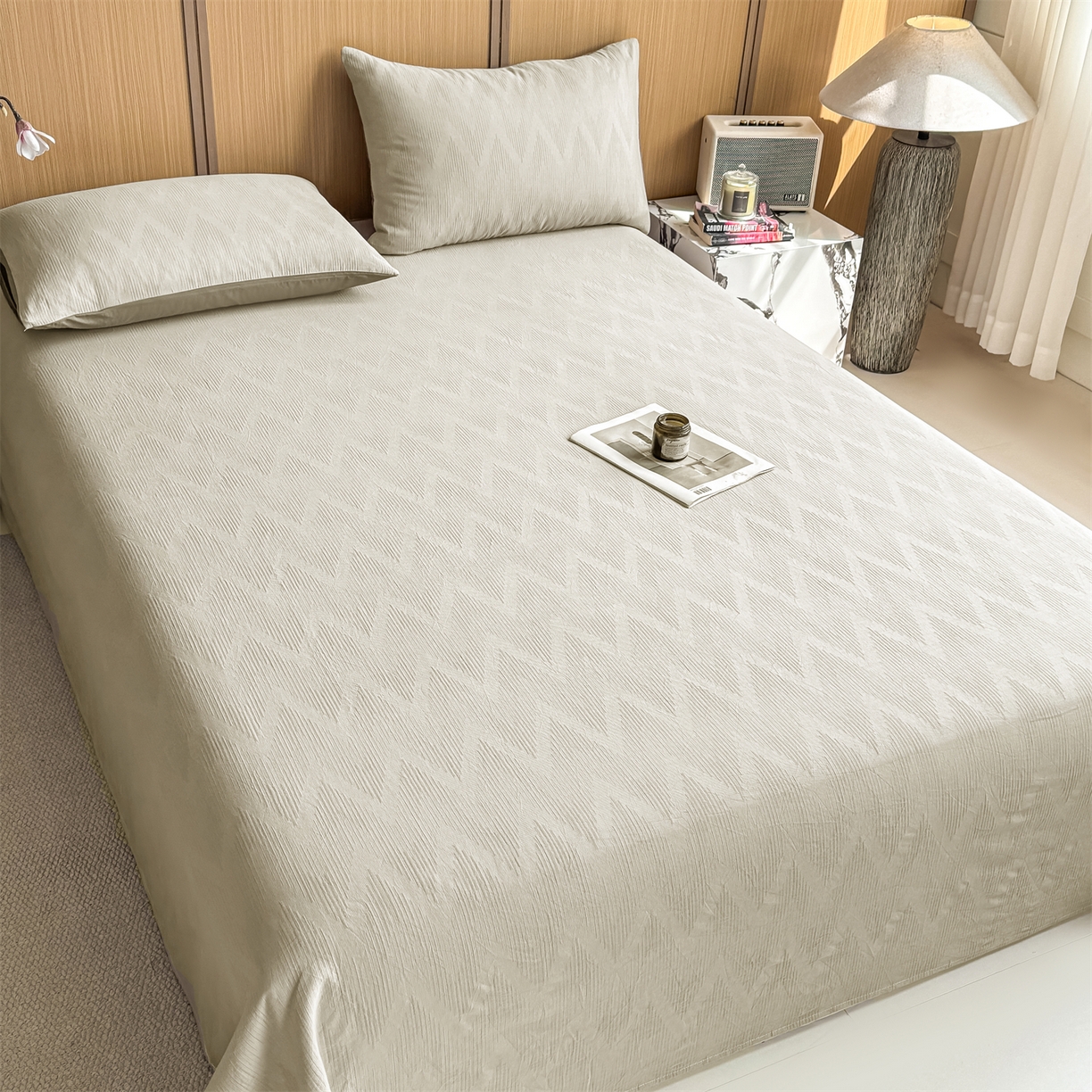 91家纺网 家纺一手货源 找家纺 灰鲸 2026新款全棉简约三层纱色织提花单品床单 影韵-可可奶咖