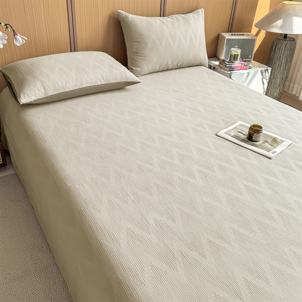 91家纺网 家纺一手货源 找家纺 灰鲸 2026新款全棉简约三层纱色织提花单品床单 影韵-可可奶咖