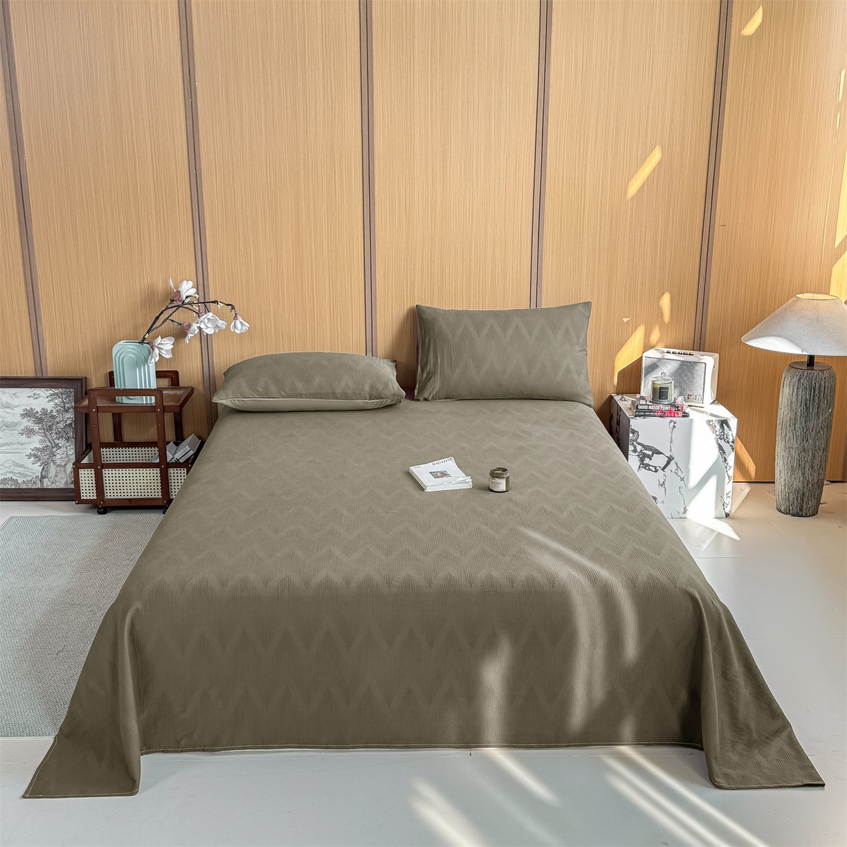 91家纺网 家纺一手货源 找家纺 灰鲸 2026新款全棉简约三层纱色织提花单品床单 影韵-摩卡