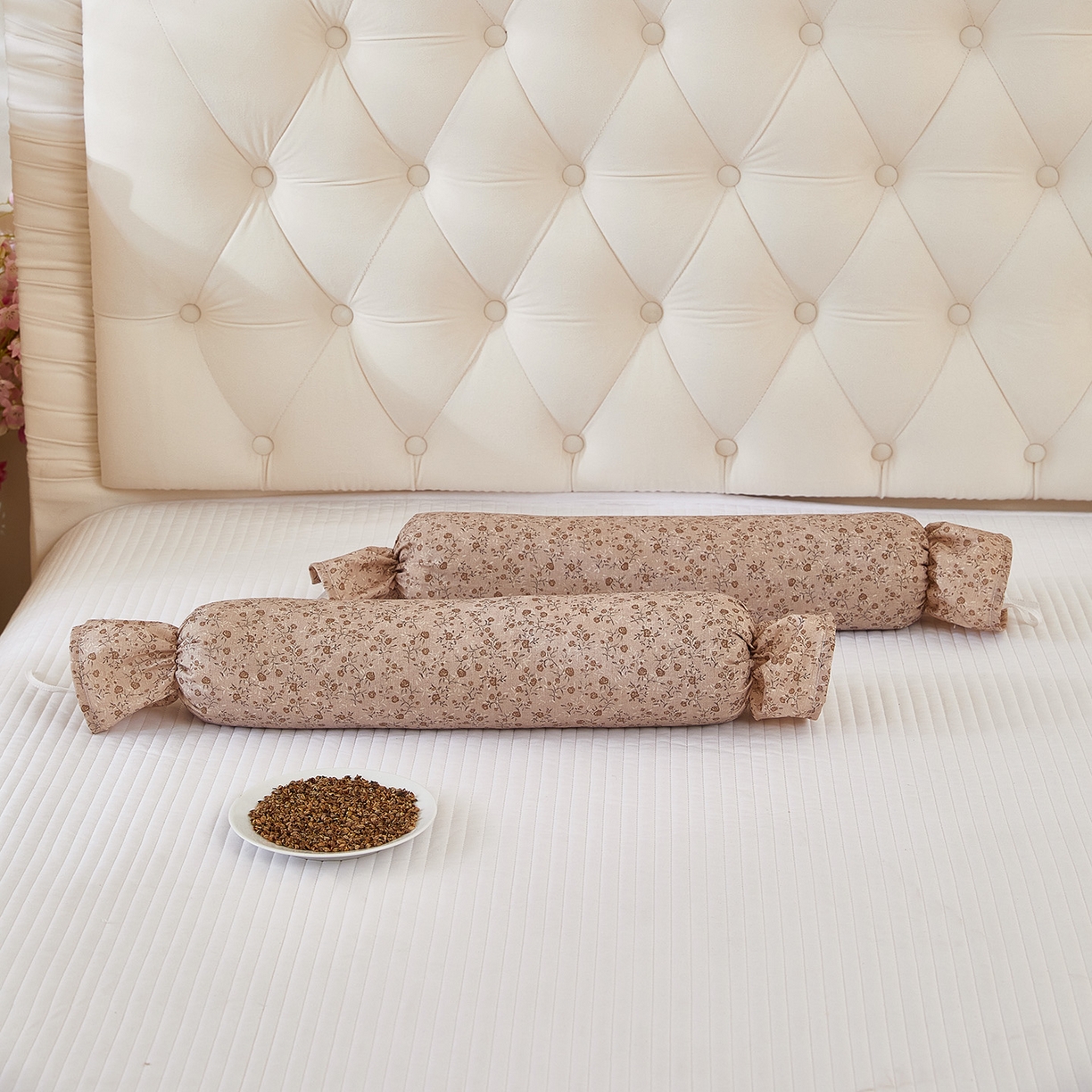 梦叶草 2026新款全棉圆柱碎花荞麦颈椎枕枕头枕芯 全棉圆柱碎花荞麦颈椎枕-碎花咖