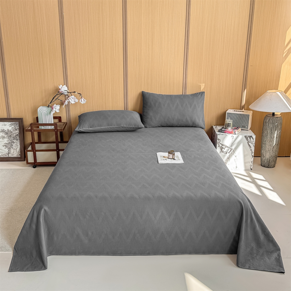 91家纺网 家纺一手货源 找家纺 灰鲸 2026新款全棉简约三层纱色织提花单品床单 影韵-素墨