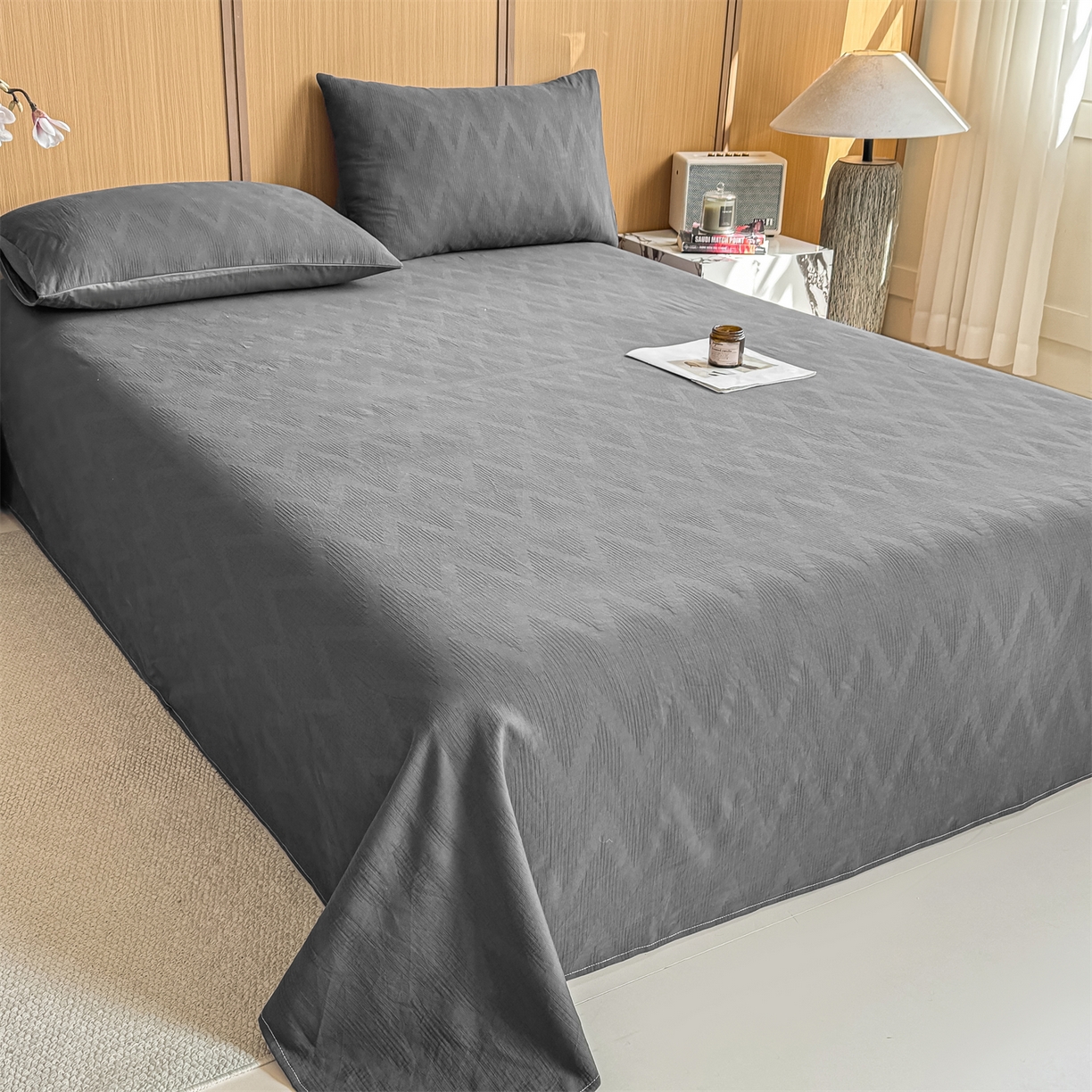 91家纺网 家纺一手货源 找家纺 灰鲸 2026新款全棉简约三层纱色织提花单品床单 影韵-素墨